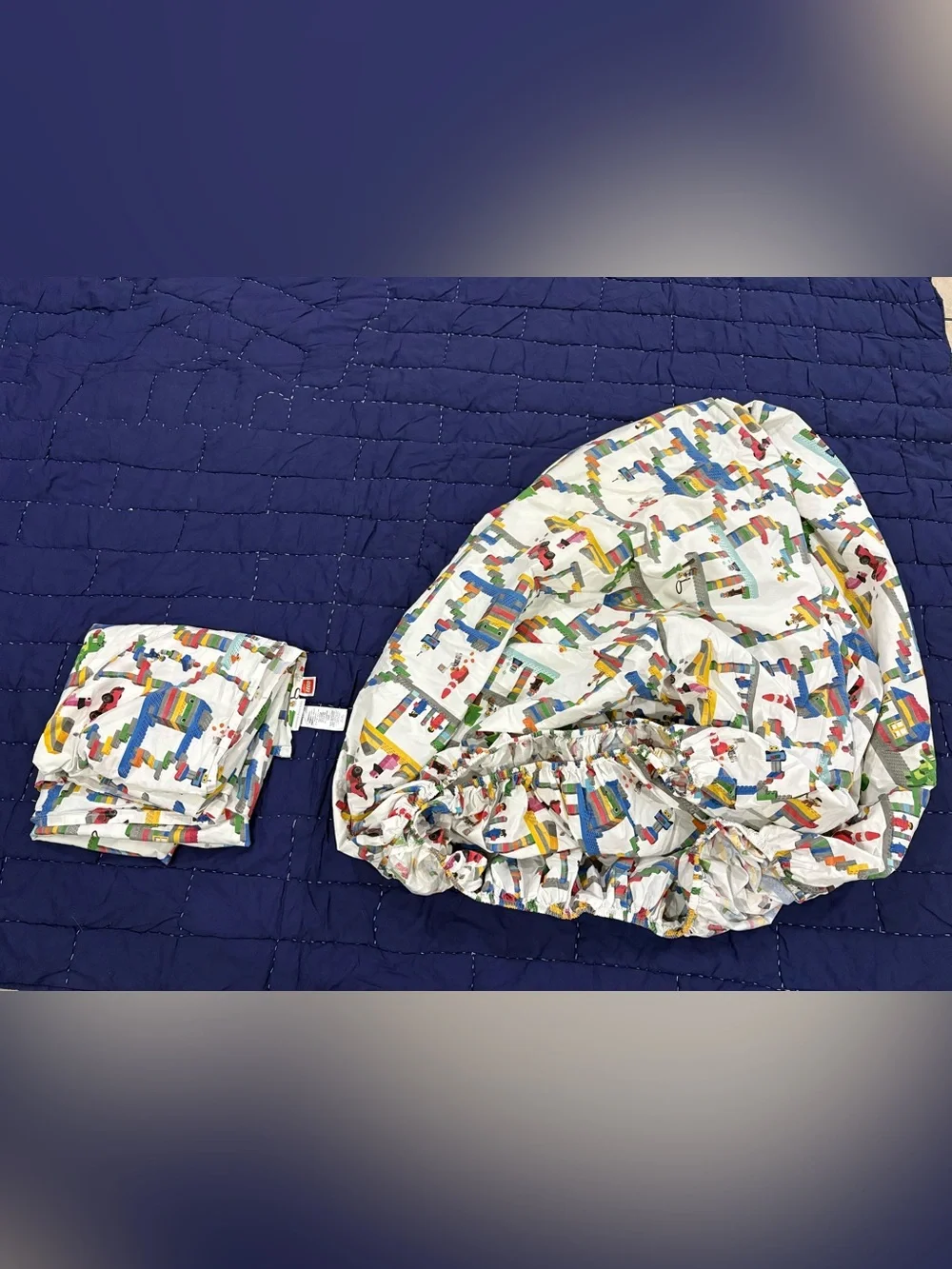 Pottery Barn Kids Lego Grey Quilt with Green Dinosaur and Multicolor Brick